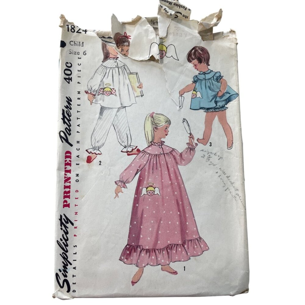 Vintage Simplicity 1824 Sewing Pattern Size 6 Childs Pajama Nightgown Retro CUT